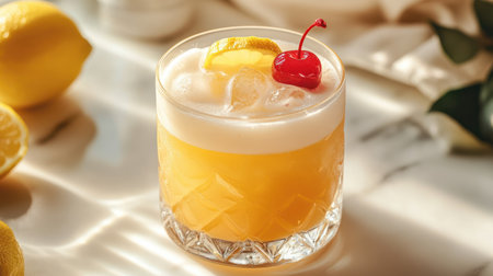 A classic whiskey sour with a lemon twist and a cherry on topの素材