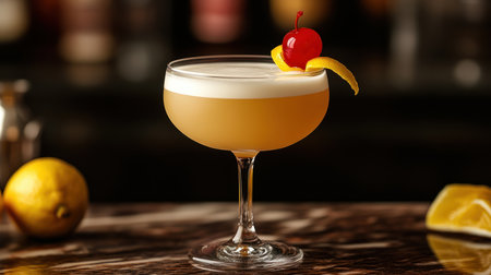 A classic whiskey sour with a lemon twist and a cherry on topの素材