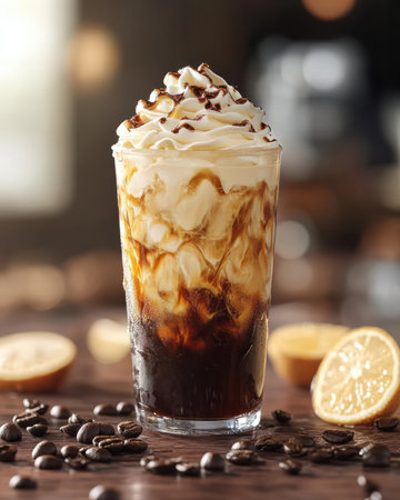 A classic iced coffee with cream swirling in the glassの素材