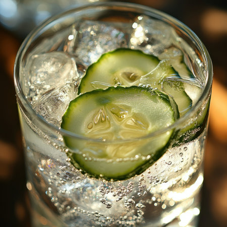A close-up of a gin and tonic with a slice of cucumber and ice cubesの素材