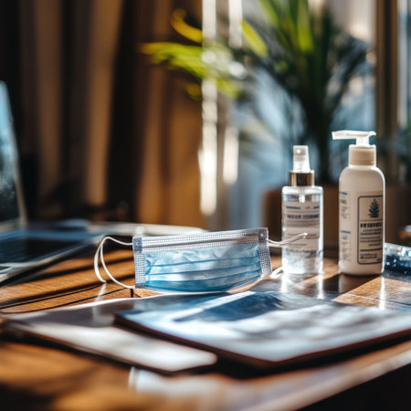A close-up of a face mask and hand sanitizer on a deskの素材