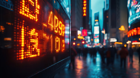 A close-up of a stock market news headline flashing on a large screen in Times Squareの素材