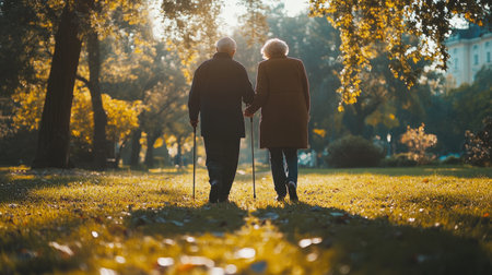 A caregiver helping an elderly person walk with a cane in a parkの素材
