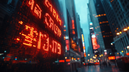 A close-up of a stock market news headline flashing on a large screen in Times Squareの素材