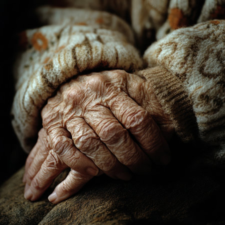 A close-up of an elderly hand holding a caregivers handの素材