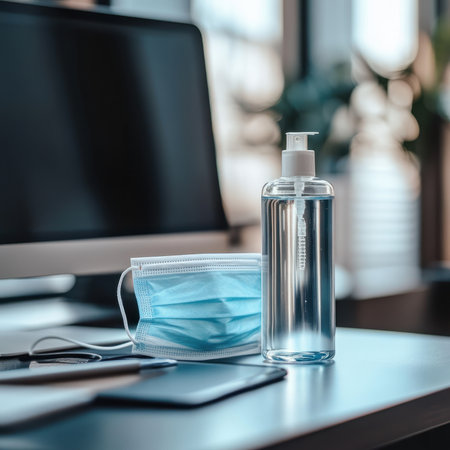 A close-up of a face mask and hand sanitizer on a deskの素材