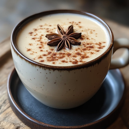 A chai tea latte with a sprinkle of cinnamon and a star anise garnishの素材