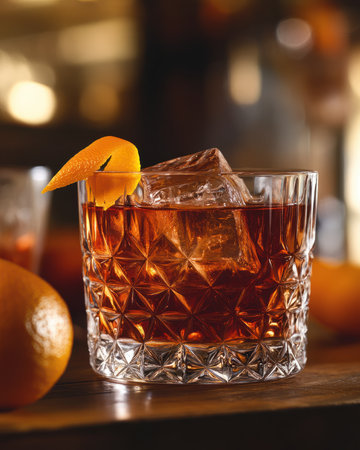 A classic negroni with an orange twist in a short glassの素材