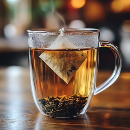 A close-up of a teabag steeping in a clear glass mugの素材