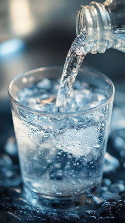 A close-up of water pouring into a clear glass from a bottleの素材