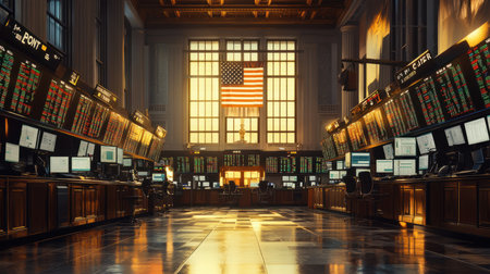 A peaceful early morning stock market trading floor before the opening bellの素材
