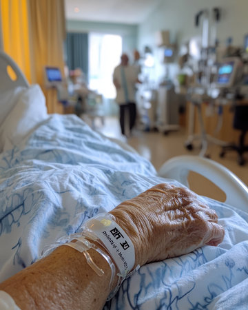 A patient wearing a medical alert bracelet in a hospital bedの素材