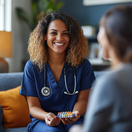 A nurse explaining medication to a patient with a chronic conditionの素材