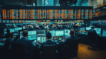 A bustling stock market trading floor with traders in action, multiple screens displaying stock pricesの素材