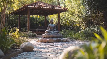 A mindfulness meditation session in a serene outdoor settingの素材