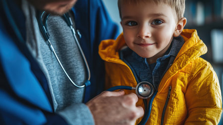 A pediatrician using a stethoscope to listen to a child's heartbeatの素材