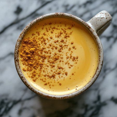A turmeric latte with a sprinkle of turmeric powder on topの素材