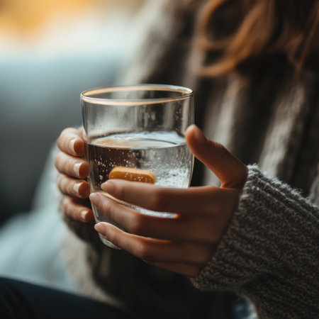 A person taking daily medication with a glass of waterの素材