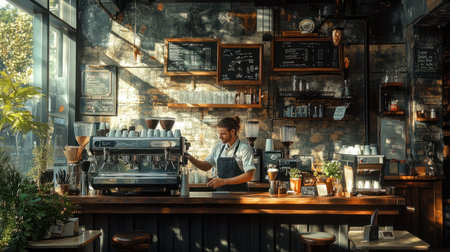 A rustic carfa interior with a barista serving a freshly brewed coffeeの素材