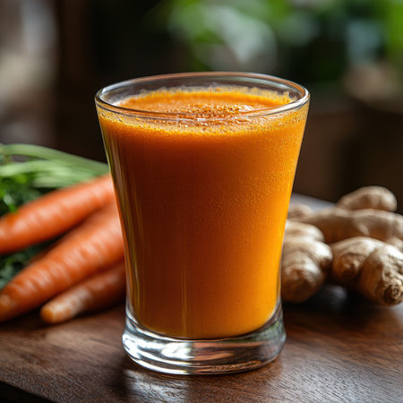 A vibrant carrot and ginger juice in a clear glass on a wooden tableの素材