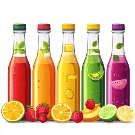 A set of colorful juice bottles with different fruit flavorsの素材