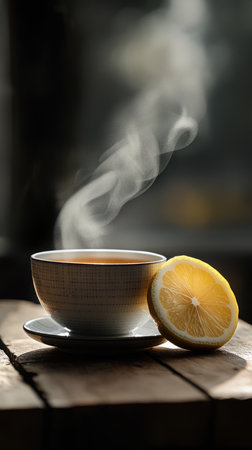 A steaming cup of Earl Grey tea with a slice of lemon on the sideの素材