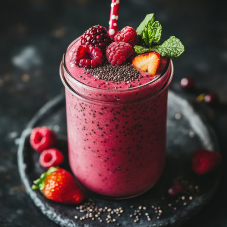 A smoothie topped with chia seeds and fresh berries in a glass jarの素材