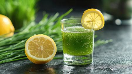 A shot of wheatgrass juice in a small glass with a slice of lemonの素材
