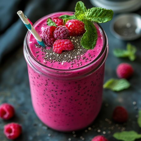 A smoothie topped with chia seeds and fresh berries in a glass jarの素材