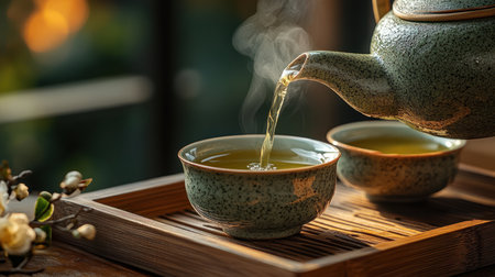 A teapot pouring hot green tea into a ceramic cup on a wooden trayの素材