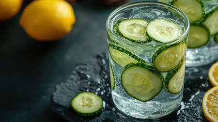 A refreshing iced cucumber water with slices of cucumber and lemonの素材