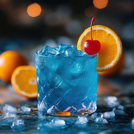 A vibrant blue curaao cocktail with a cherry and an orange sliceの素材