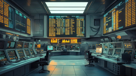 A retro-futuristic stock market trading floor with vintage computers and digital displaysの素材