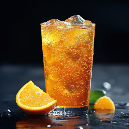 A vibrant orange soda with a slice of orange on the sideの素材