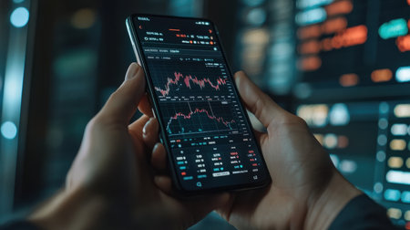 Hands holding a smartphone displaying a stock trading app with real-time chartsの素材