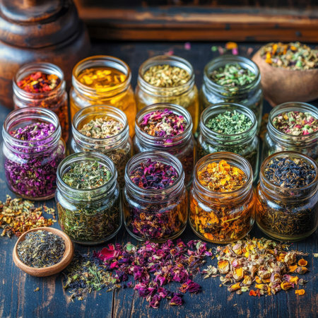 A variety of herbal teas in glass jars with dried flowers and herbs aroundの素材