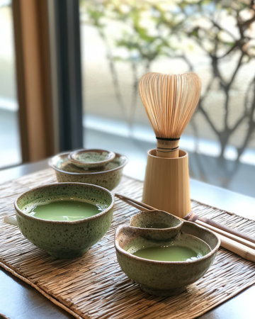 Matcha green tea ceremony, Japanese traditional teacup and bamboo whiskの素材