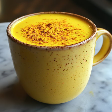 A turmeric latte with a sprinkle of turmeric powder on topの素材