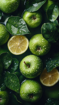 Make me a realistic image of multiple green apples And some lemons. Make this vibrant. Uplifting Have this fill up the page. Zoom in on the detailsの素材