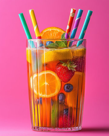 A vibrant fruit punch in a clear glass with colorful strawsの素材