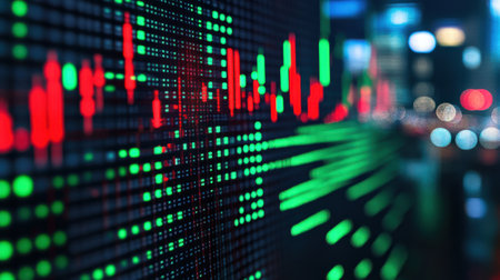 Detailed stock market graphs with green and red candlesticks, fluctuating in real-timeの素材