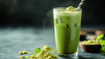 A tall glass of iced matcha latte with a straw and matcha powder aroundの素材