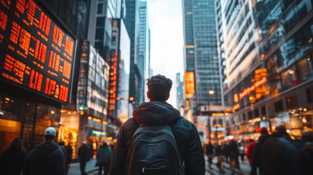 An investor checking stock prices while walking through a busy city streetの素材