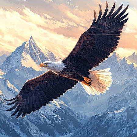A bald eagle flying over a mountain range.の素材
