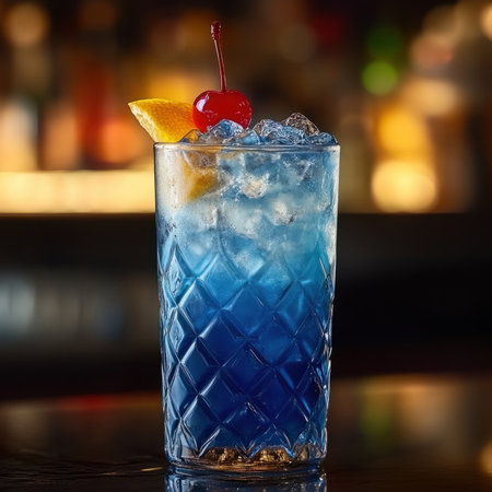 A vibrant blue lagoon cocktail served in a tall glass with a cherry on topの素材