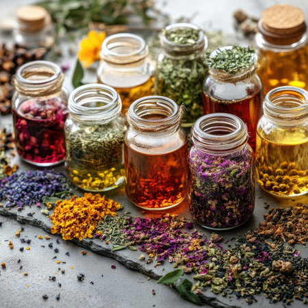 A variety of herbal teas in glass jars with dried flowers and herbs aroundの素材