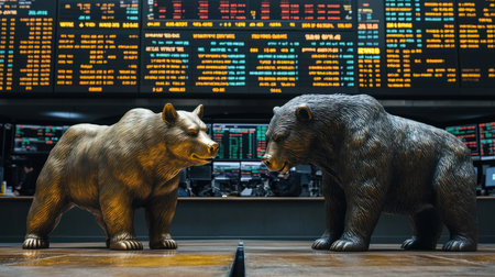 Bull and bear statues facing each other in front of a large stock market screenの素材
