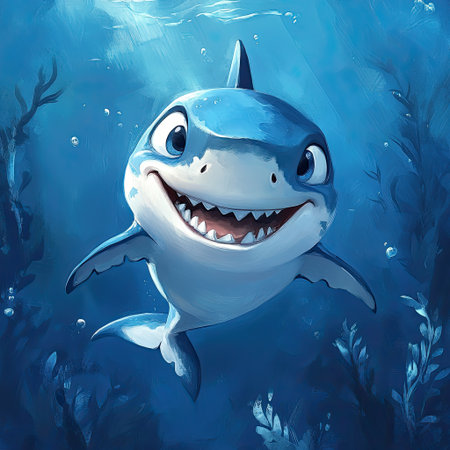 A cartoon shark with a big smile swimming in the deep blue sea.の素材