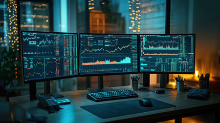 An investor's office with stock market data displayed on multiple monitorsの素材