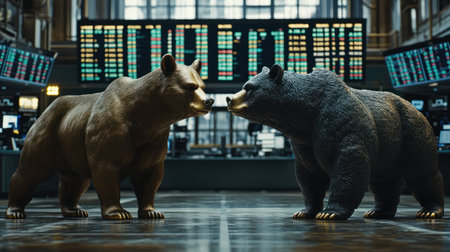 Bull and bear statues facing each other in front of a large stock market screenの素材